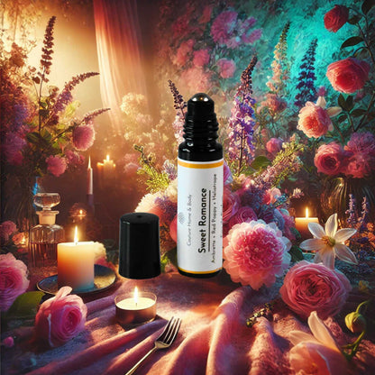 A rollerball perfume labeled "Sweet Romance" by Couture Home & Body is set against a vibrant, romantic background with lush florals, candles, and soft lighting, evoking an atmosphere of intimacy and allure.