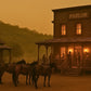 Western scene with horses and a building labeled 'Parlor' at sunset.