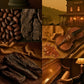 Collage of various objects including coffee beans, stone, gloves, violin, and piano.