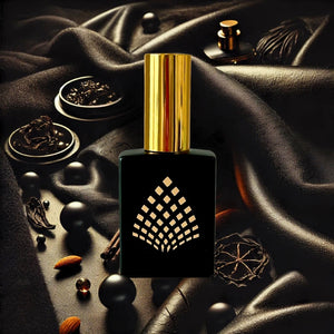 Perfume bottle with gold cap on dark fabric background