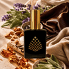 Lavender, sage, amber resin, vanilla, and leather arranged in a warm sunlit luxury still life.