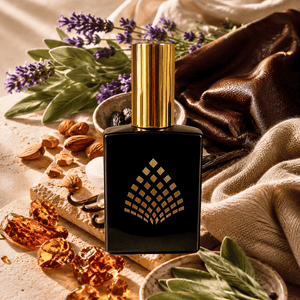 Lavender, sage, amber resin, vanilla, and leather arranged in a warm sunlit luxury still life.