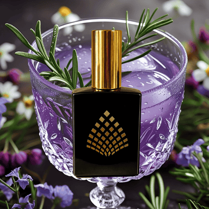 Perfume bottle with gold cap and black square design in a purple glass with rosemary and flowers.