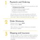 Wholesale terms document with payments, order minimums, and shipping information.